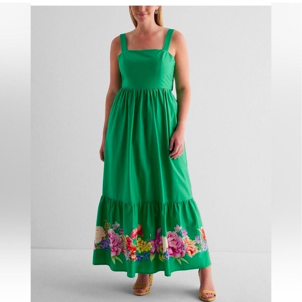 Express Green Floral Border Print Tie Shoulder Smocked Cotton Maxi Dress XS